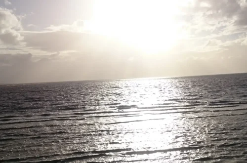 Sunset over the ocean with warm light reflecting on gentle waves.