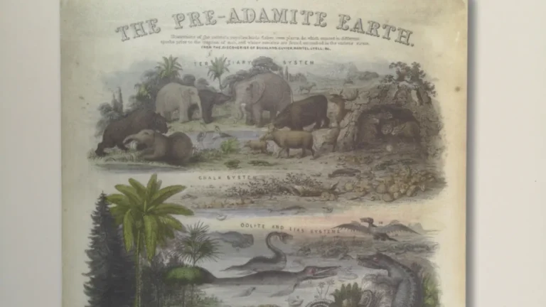 Geological illustration depicting prehistoric animals in the geological gallery at Biddulph Grange Garden