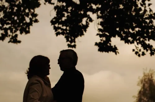 A couple standing in a tender embrace beneath a tree, silhouetted against a calm evening sky.