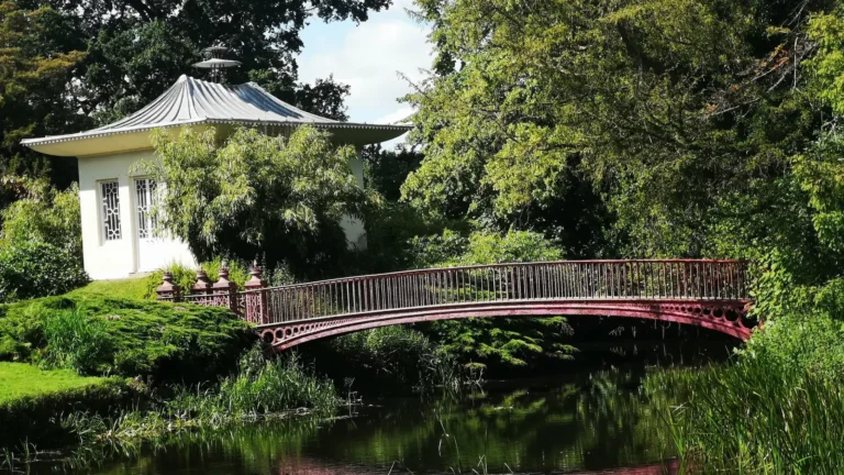 The Chinese House and red arched bridge at Shugborough Estate.