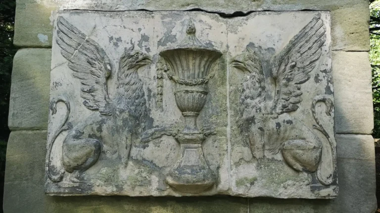 A carved stone relief with two winged creatures and a central urn at Shugborough Estate.