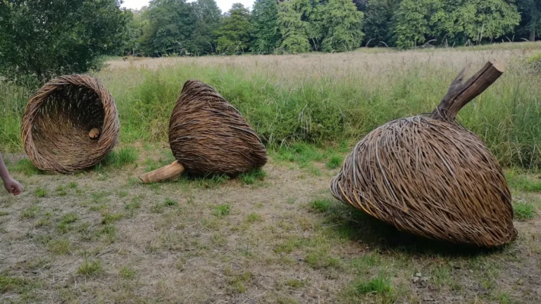 Woven outdoor sculptures made from natural materials at Shugborough Estate.
