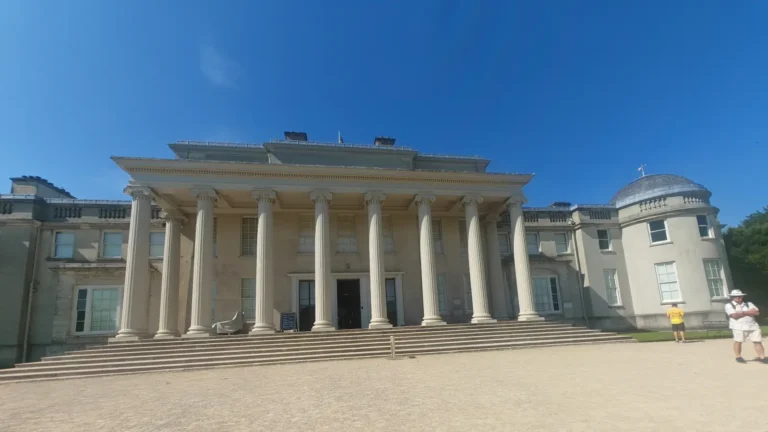 The neoclassical façade of Shugborough Hall with its Corinthian portico.