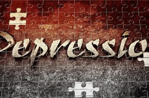 A jigsaw puzzle showing the word “Depression”, with missing pieces symbolising a mind struggling and incomplete.