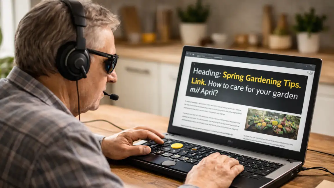 A visually impaired person wearing a headset and sunglasses uses a laptop with a large‑print keyboard and screen‑reader support to browse a gardening website in a home kitchen.