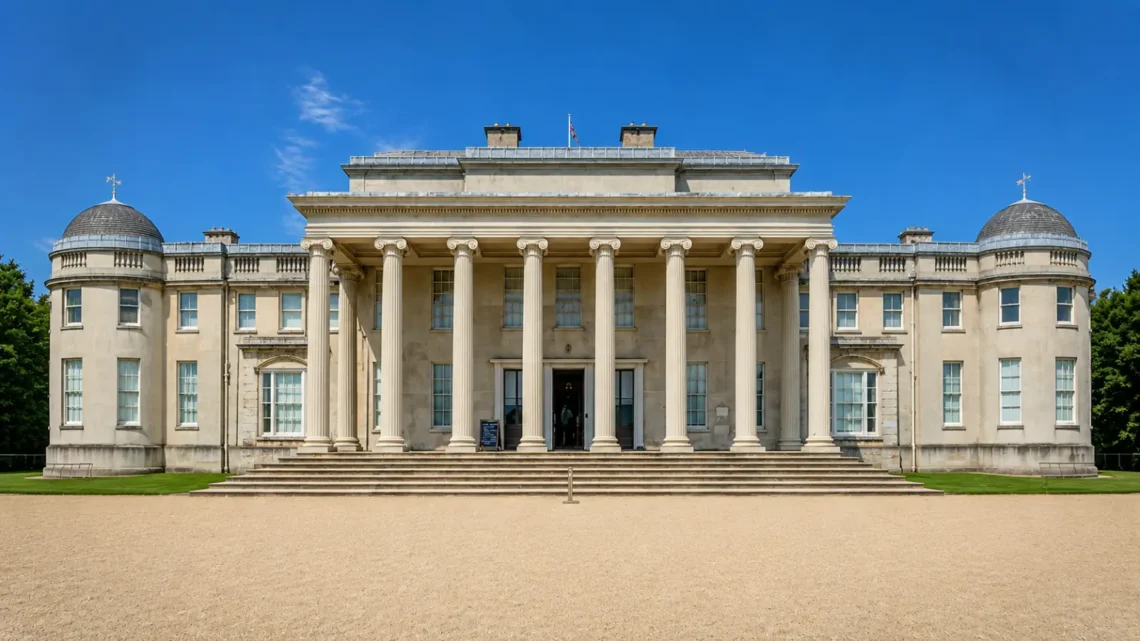 Front elevation of Shugborough Mansion at Shugborough Estate in Staffordshire, viewed from the main forecourt with its grand neoclassical portico and columns.