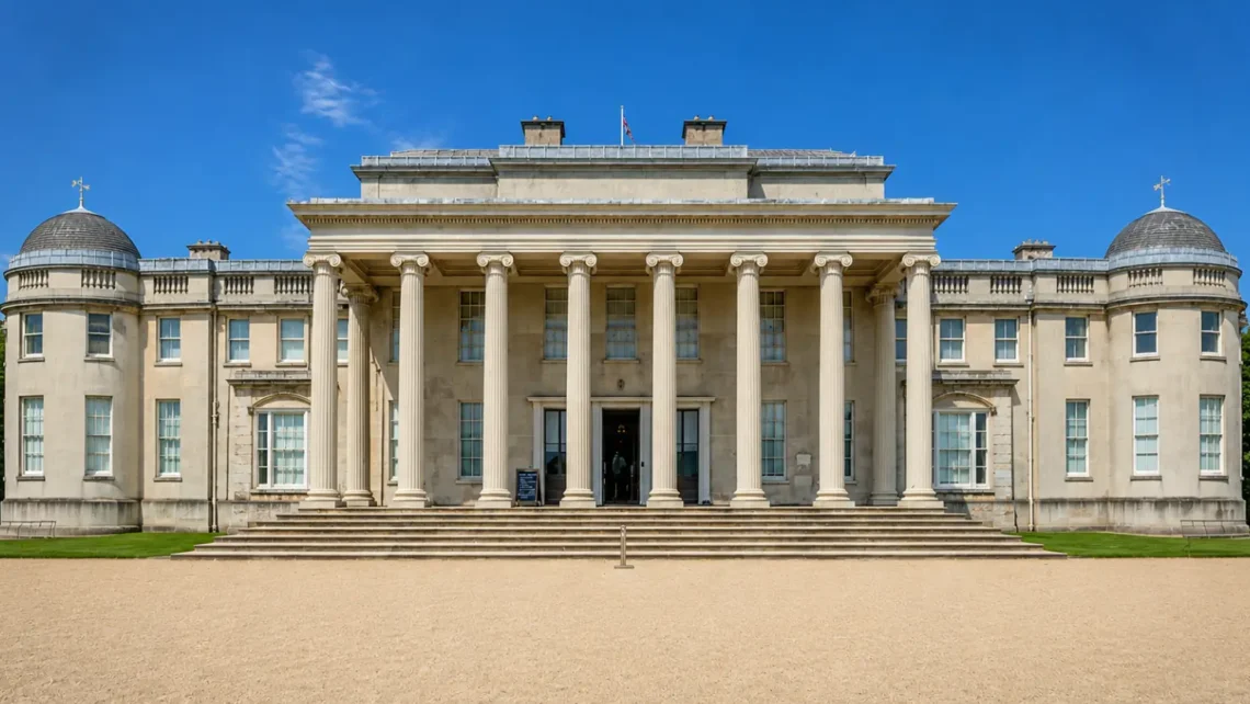 Front elevation of Shugborough Mansion at Shugborough Estate in Staffordshire, viewed from the main forecourt with its grand neoclassical portico and columns.